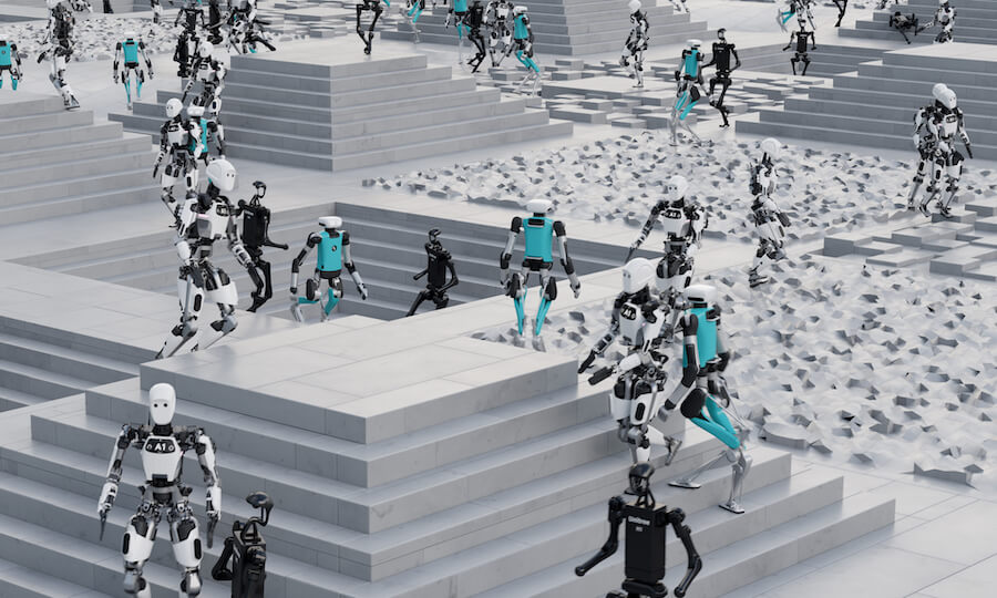 Imagen que muestra un entorno de simulacón generado por NVIDIA Isaac Lab, en el que se aprecian multitud de robots con aspecto humanoido aprendiendo de su entorno.