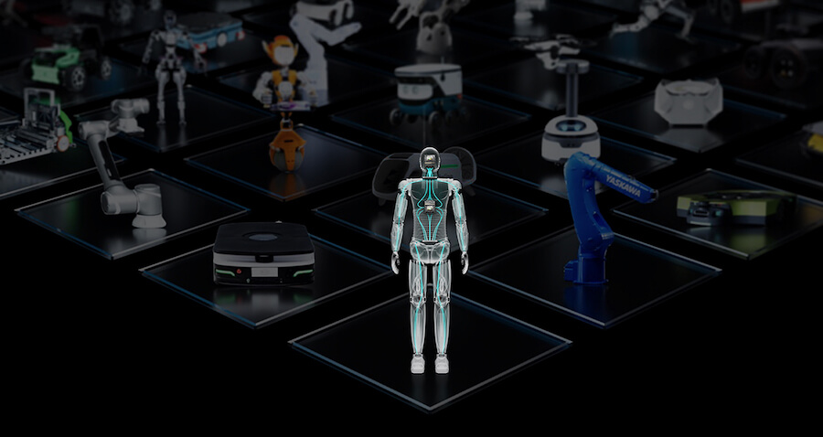 Imagen que contiene una representación donde aparecen diferentes tipos de robots, en el el centro de la imagen, un con aspecto humanoide, diferenciándose del resto.